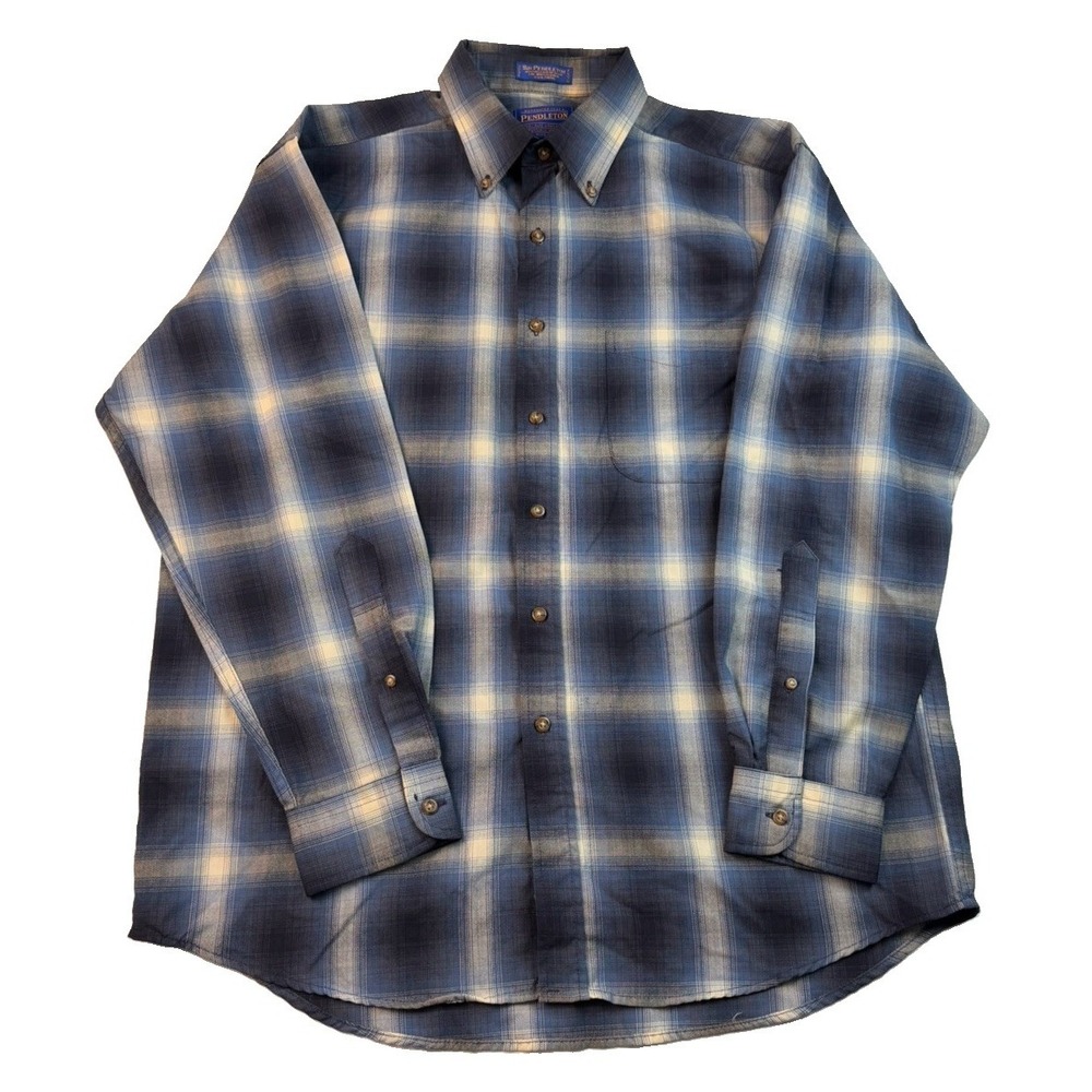 Pendleton Sir Pendleton Men's Sz L Blue Plaid 100% Virgin Wool Shirt USA Fabric